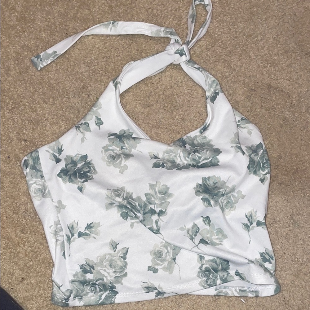 Hollister Gray and Green Crop Tie Front Tank Top